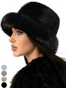 1pc Retro Faux Fur Bucket Hat, Thick Warm Versatile Women Winter Hat - Multicolor - View 12