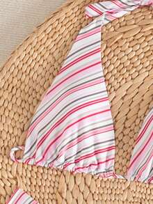 女士三件套彩色条纹比基尼套装 - 三角比基尼上衣、高腰高衩比基尼泳裤和长款薄纱罩裙，性感夏季沙滩装 - 彩色 - 查看 7