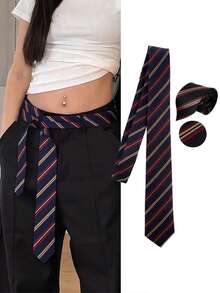 1件女士复古条纹腰带，日式腰带，英式学院风条纹针织领带，派对服装道具，衬衫配饰，生日惊喜，送给家人朋友的圣诞礼物，情人节礼物，腰带，闪光，夏季服装配饰 - 彩色 - 查看 11