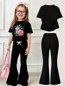 少女休闲卡通印花短袖T恤和喇叭裤套装，夏季 - 黑色 - 查看 2