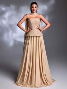 裸色蕾丝褶皱无肩带薄纱披肩系带雪纺长裙优雅晚礼服 - 杏色 - 查看 3