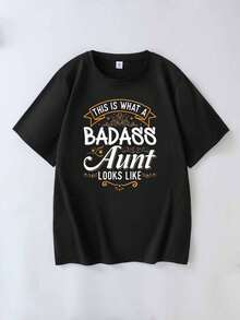 Plus Size Fashion T-Shirt This Is What An Aunt-To-Be Looks Like Slogan Print Casual Black Summer - Black - View 10