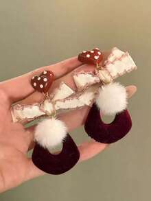 2件套时尚个性化绒球蝴蝶结心形金属布艺吊坠耳环，适合女性日常、派对、节日、约会佩戴，也是情人节礼物、日常礼物和珠宝礼品的理想之选。 - 紅色 - 查看 2