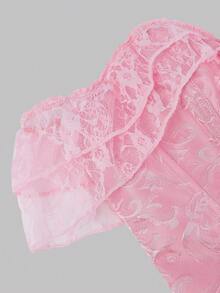 1件加大码女士复古宫廷风蕾丝胸衣，露肩系带露背紧身正式礼服，婚礼服饰 - 粉色 - 查看 4