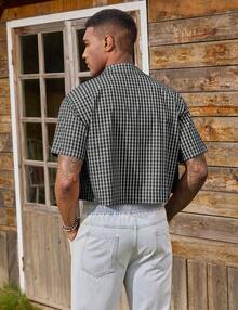 URRU Camisa corta a cuadros para hombre, camisa a cuadros de manga corta con botones, top corto - Negro - Ver 4
