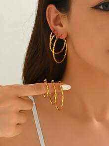 6pcs/Set Women's Stainless Steel Geometric Design Hoop Earrings Set, Suitable For Daily Wear - Multicolor - View 2