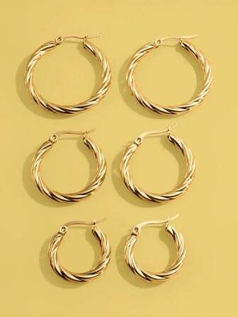 6 Pieces Of Exaggerated Retro-Style Golden Women's Round Diagonal Stainless Steel Earrings, Simple And Individual, Non-Fading Ear Ring Set