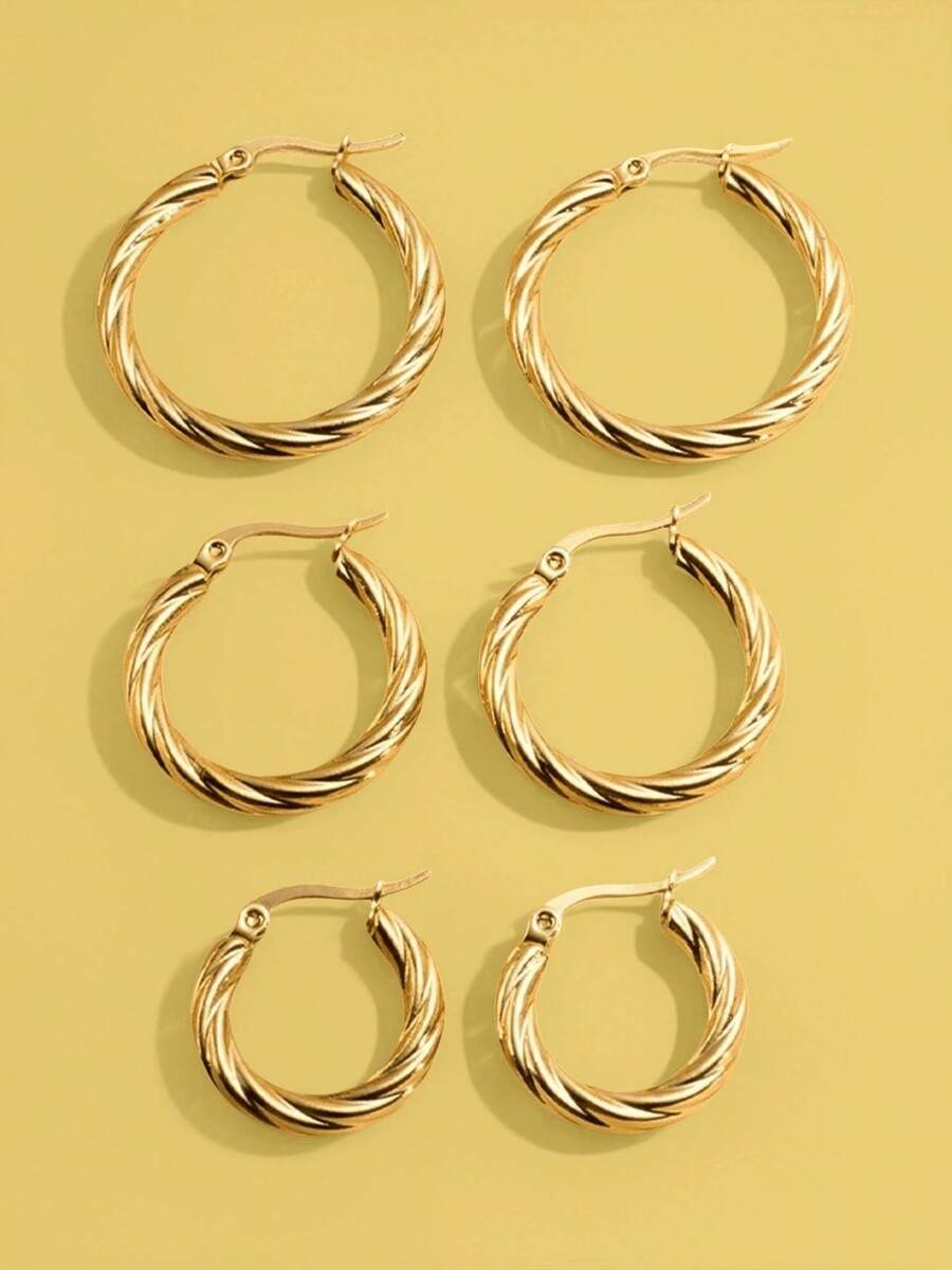 6 Pieces Of Exaggerated Retro-Style Golden Women's Round Diagonal Stainless Steel Earrings, Simple And Individual, Non-Fading Ear Ring Set