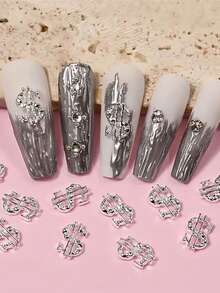 12 件装金/银美元标志美甲饰品，锌合金材质，时尚简约，闪亮 Y2K 金属质感，适合多种 DIY 美甲造型，也适合短指甲和法式美甲。 - 銀色 - 查看 1