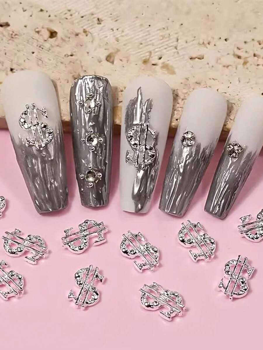 12 件装金/银美元标志美甲饰品，锌合金材质，时尚简约，闪亮 Y2K 金属质感，适合多种 DIY 美甲造型，也适合短指甲和法式美甲。 - 銀色 - 查看 1