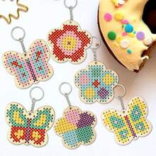Kids Wooden Cross Stitch Kit, DIY Cross Stitch Keychain, Wooden Sewing Craft Butterfly, Flower, Star, Heart Embroidery Set, Suitable For Beginners And Girls