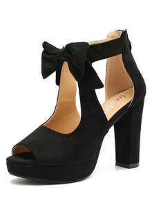 Women's Bow Chunky Heel Sandals Platform Peep Toe Ankle Strap Zip Dress Shoes - màu đen - Xem 12