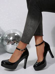 Women Pumps Shoes Platform Chunky Block Heel Close Toe Shoe Ankle Strap Party Dress Heels - màu đen - Xem 4