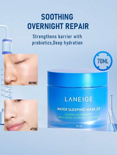 Laneige 兰芝水润睡眠面膜 70ml/2.3 Oz | 保湿睡眠面膜 | 蕴含角鲨烷和益生菌复合物 | 深层补水，强化肌肤屏障 | 令肌肤在清晨焕发光彩 | 舒缓轻盈配方 | 帮助肌肤在夜间锁住水分 | 特别适合干性、缺水肌肤 | 清爽不油腻，快速吸收 | 适合所有肤质