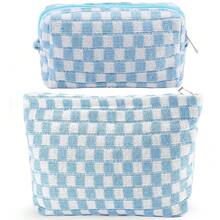 ZLFSRQ 2Pcs Checkered Makeup Bag For Women Large Small Checkered Cosmetic Bag Set Aesthetic Preppy Pencil Case Cute Pencil Pouch Blue Makeup Pouch For Purse Travel Toiletry Bags Zipper Skincare Bags - B-格子2件裝混藍色 - 查看 2