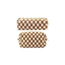 2Pcs Checkered Pencil Case Cute Pencil Pouch For Teens Checkered Makeup Bag Travel Cosmetic Bag Set Cute Makeup Pouch For Purse Portable Zippered Skincare Bags Preppy Toiletry Bags Organizer(Brown) - BH-格子2件裝 混合棕色 - 查看 1