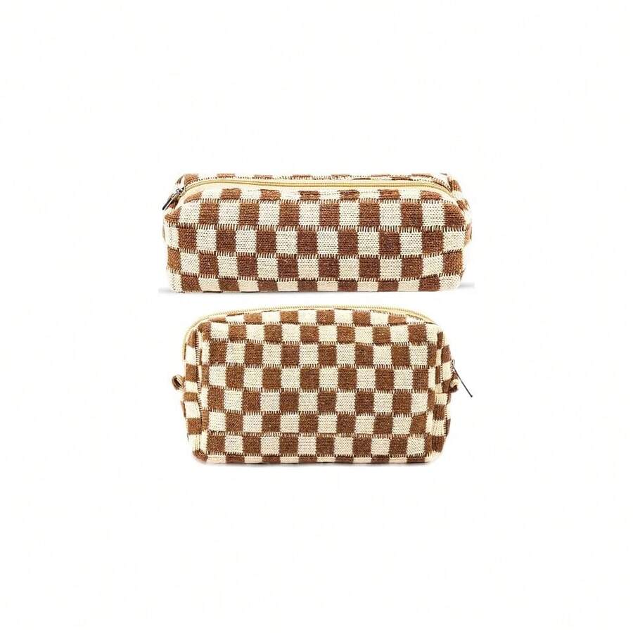2Pcs Checkered Pencil Case Cute Pencil Pouch For Teens Checkered Makeup Bag Travel Cosmetic Bag Set Cute Makeup Pouch For Purse Portable Zippered Skincare Bags Preppy Toiletry Bags Organizer(Brown) - BH-格子2件裝 混合棕色 - 查看 1