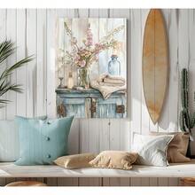 Arte de pared en lienzo azul para baño, decoración de pared de imagen de casa de campo rústica, pintura de flores silvestres rosadas para lavandería, pósteres impresos, obras de arte para decoración del baño - transparente - Ver 5