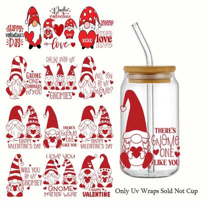 12 Stück Valentinstag-Themen Zwerg Muster UV DTF Transfer Aufkleber - Du bist mein Zwerg Weihnachtsherz Muster selbstklebende Blumen, geeignet für Tassen, Flaschen und Laptops Festliches Design