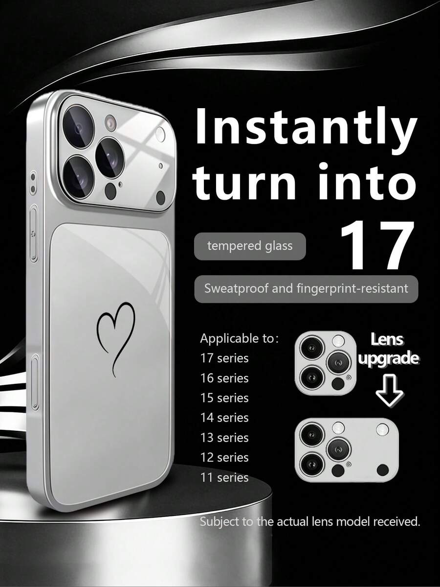 1pc New Minimalist Black Line Heart Pattern Luxury Large Window Tempered Glass With Lens Protection Phone Case Compatible With Iphone 17/17Pro/17ProMax/17Air/16/16Pro/16ProMax/16Plus/15/15Plus/15Pro/15ProMax/14/14Plus/14Pro/14ProMax/13/13Pro/13ProMax/12/12Pro/12ProMax/11/11ProMax, Matte Anti-Fall, Metal Paint Full Coverage High-End Protective Cover - Multicolor - View 1