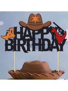 1/11/16件套西部牛仔蛋糕装饰套装，牛仔布、亮片、马蹄铁、牛仔帽、靴子，西部/牛仔主题生日派对蛋糕装饰 - 彩色 - 查看 11