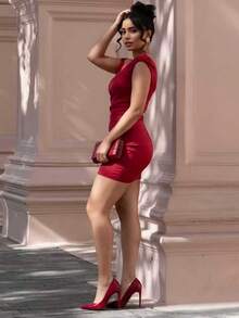 春夏女装优雅短款连衣裙露肩系带侧拉链连衣裙 - 紅色 - 查看 3