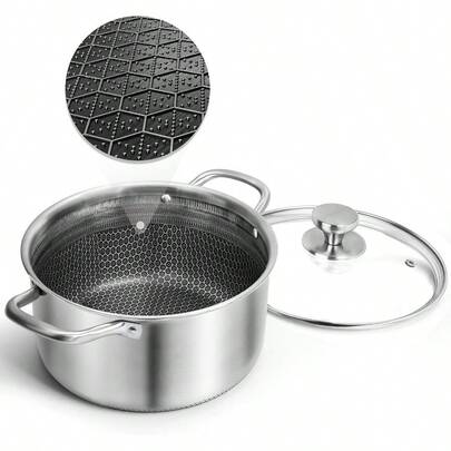 ™ Hybrid Nonstick 6 Quart Stainless Steel Stockpot With Glass Lid, Induction Stock Pot With Honeycomb Carving, Non-Stick Soup Pot Compatible With All Cooktops,  , Dishwasher & Oven