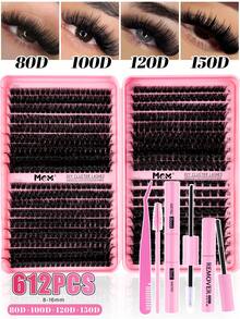 612/200/240片装DIY睫毛嫁接套装，包含胶水、封层剂、睫毛胶卸妆液、镊子、眉刷，30D/40D/30D+40D/40D+60D/60D+80D/80D+100D浓密单簇假睫毛，纤长柔软仿貂毛睫毛，适合猫眼妆、美容派对和旅行。 - 黑色 - 查看 21