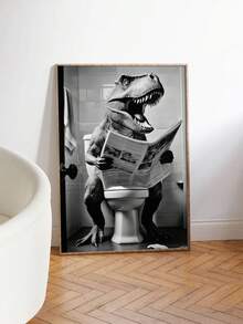 1张趣味恐龙霸王龙上厕所海报 - 浴室适用，现代霸王龙艺术，客厅、卧室、浴室装饰 - 无框帆布画