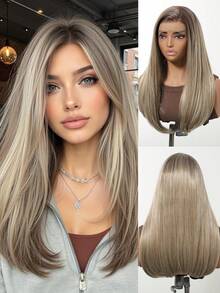 Peluca de encaje frontal de alta definición de 13*4, de alta calidad, de moda y natural. Peluca de encaje gris ombre de 18 pulgadas de cabello liso, peluca de encaje de alta calidad para mujeres, peluca sintética de encaje resistente al calor, adecuada para festivales, viajes, reuniones familiares, juegos de roles, bailes de máscaras, uso diario de actores y regalos de festival para niñas - Gris degradado - Ver 13