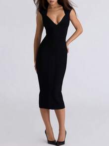 Black Sleeveless Midi Bodycon Dress, Elegant Sexy Ribbed Cocktail Party Dress, Fashion Spring/Summer Wedding - Black - View 3