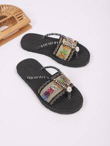 2026夏季女士波西米亚复古黑金提花人字拖，镂空水钻搭扣和编织鞋底，完美适用于度假、海滩、约会和日常通勤。 - 花黑色 - 查看 8