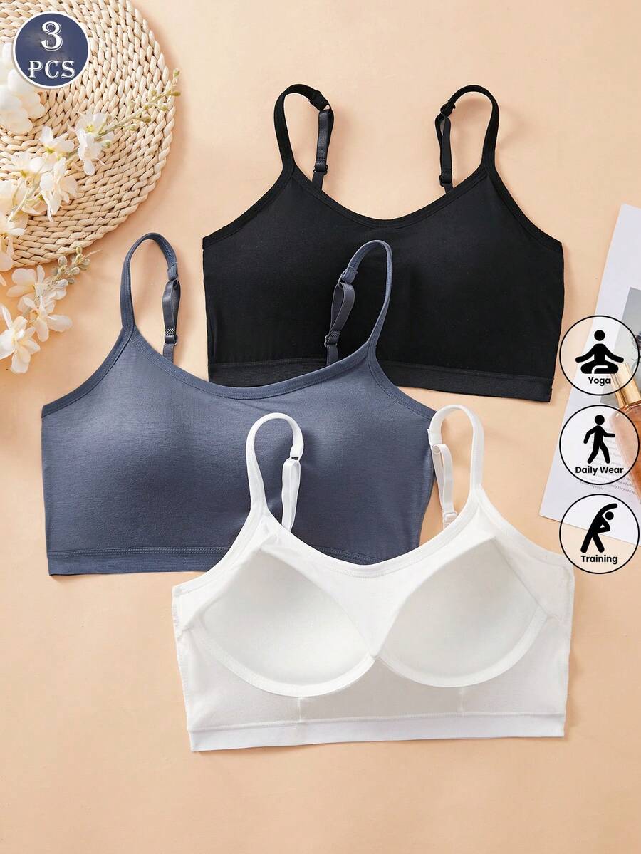 3pcs/Set Women's Solid Color Adjustable Strap Comfortable Wireless Padded Camisole Bra Tops, Suitable For Sports, Sleep