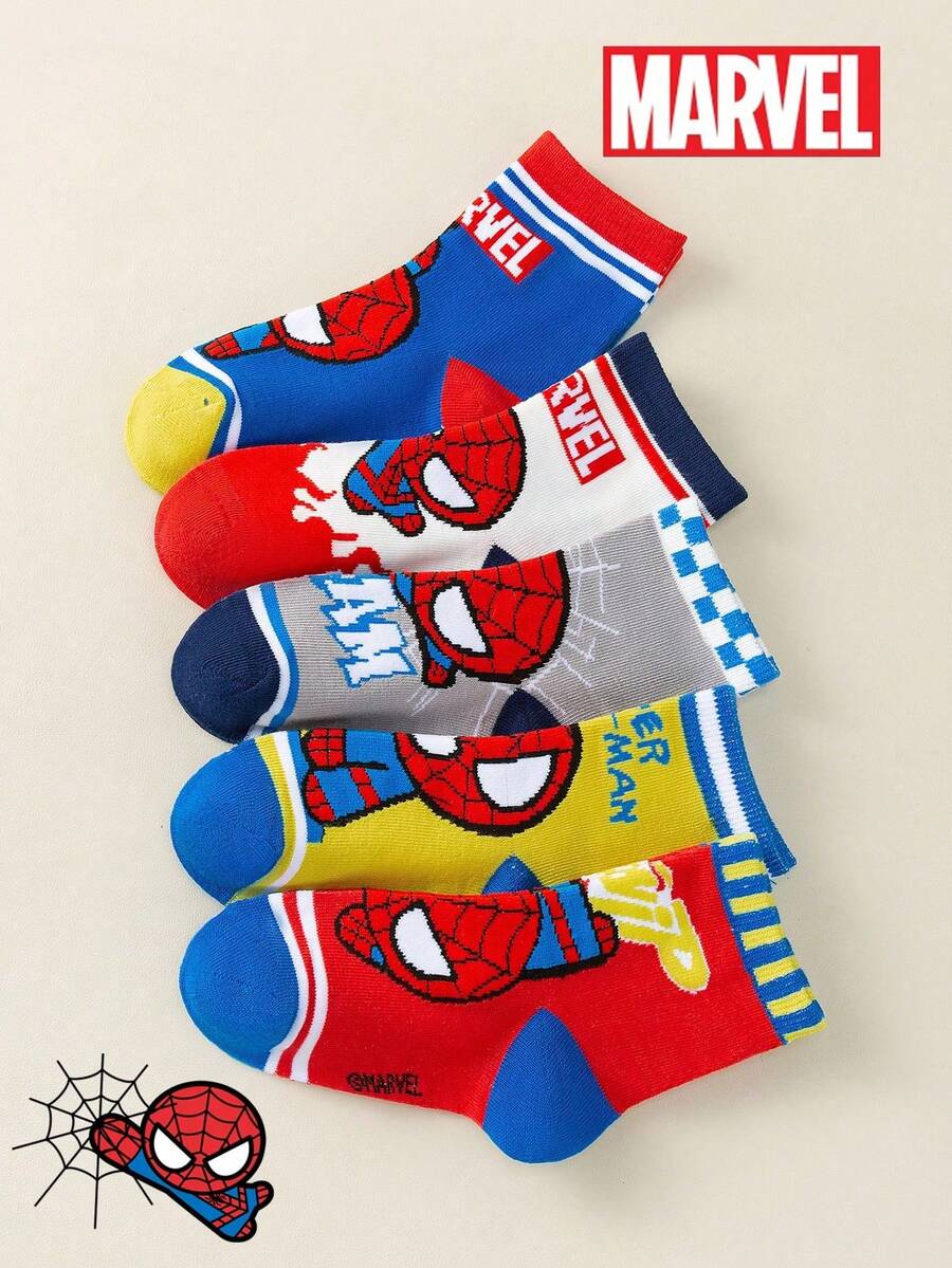 1/5 Pairs Marvel Spider-Man Kids Socks, Superhero Pattern, Breathable & Soft, Boys & Girls, Casual Everyday Wear/Party Gift/Easter/Spring/Summer - Multicolor - View 1