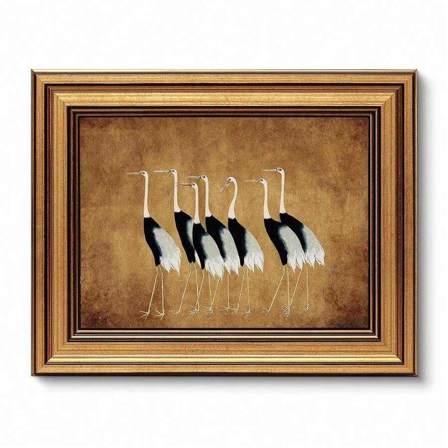 VIYYIEA Vintage Gold Framed Wall Art For Living Room, Cranes Canvas Prints Home Decor, Oil Painting Picture, Bedroom Wall Decor Gifts For Friends Or Family -[Seven Cranes]-(10L X 8W) - [七鶴] - 查看 1