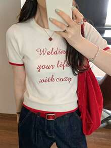 Women's Contrast Color Embroidery Slim Fit Knit Short Sleeve Sweater Top, Casual & Minimalist, Summer - Apricot - View 1