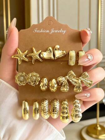 6-18pcs Gold-Tone Geometric Earring Set, Suitable For Daily, Gathering, Party, And Casual Wear