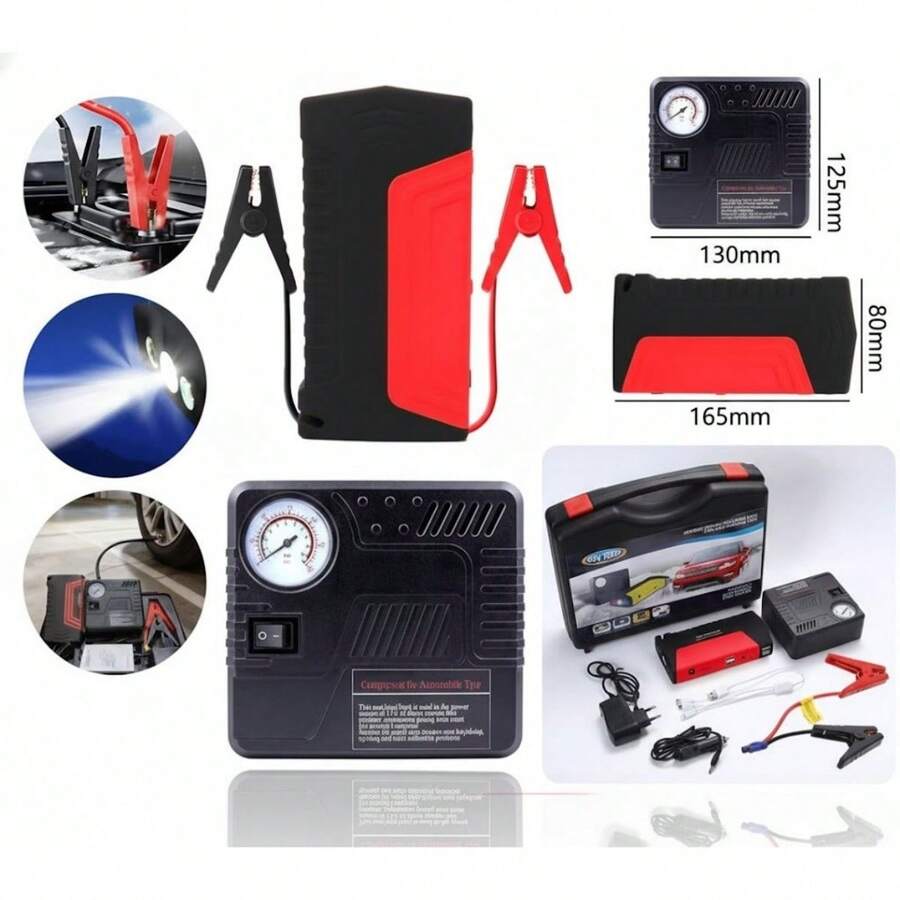 Car Jump Starter Kit 12v + Tire Compressor + Power Bank, Flashlight And Carrying Case - Qiu Gifts - Đỏ - Xem 1