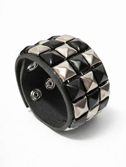 Bracelete Pulseira Scene Piramide Emo Prata + Preto