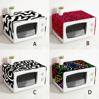 1 件彩色线条印花图案微波炉防尘罩，装饰性防尘罩，平面印花，亚麻材质，不防水，带侧袋，家居装饰，电器保护罩，易于使用和清洁