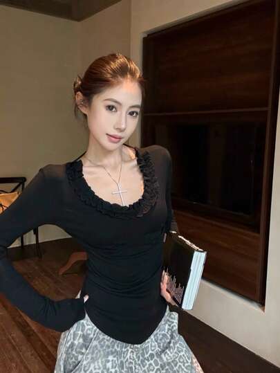 性感露背荷叶边U领修身保暖打底衫