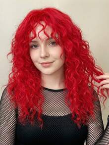 Red Wool Roll Wig With A Center Part And Bangs, Made Of Synthetic Fibers, Suitable For Everyday Wear, Cosplay, Parties, And Other Occasions. - Red - View 2