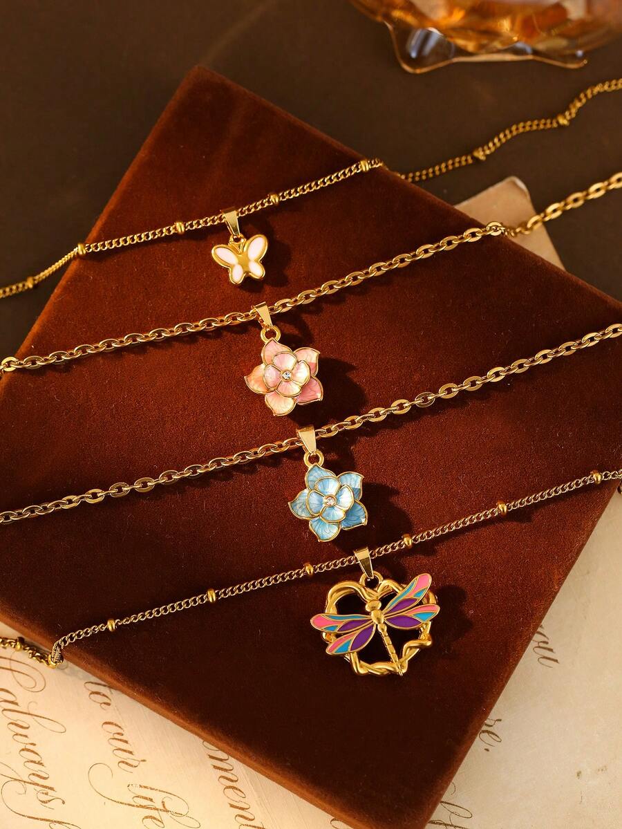 1件优雅高品质不锈钢女士吊坠项链，饰有蝴蝶、蜻蜓、莲花吊坠，适合日常佩戴和参加派对，是馈赠佳品。 - 金色 - 查看 1