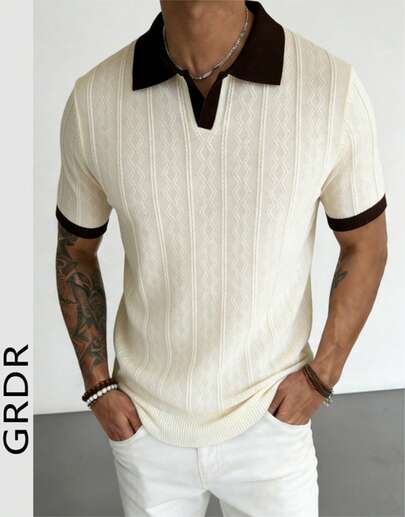  GRDR Men's Turndown Collar Twist Knit Short Sleeve - Casual Minimalist Fashion T-Shirt