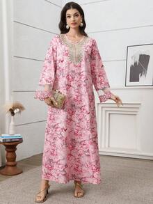 女士花卉印花钩编拼接长袖长袍，优雅A字型卡夫坦长袍，适合晚宴、婚礼宾客、周年纪念、春假日常穿着 - 彩色 - 查看 9