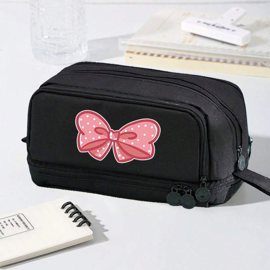 Pink Bowknot Design Kawaii Multi-Layer Large Capacity Pencil Case,Waterproof Internal Multi-Pocket Pencil Case,Stationery Box New Large Capacity Upgrade Window Prism Flap Student Stationery Waterproof Storage Box,Bag - Multicolor - View 1