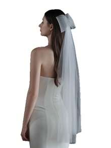 1件白色蝴蝶结薄纱新娘长头纱，优雅婚礼新娘披肩头纱，情人节配饰 - 白色 - 查看 4