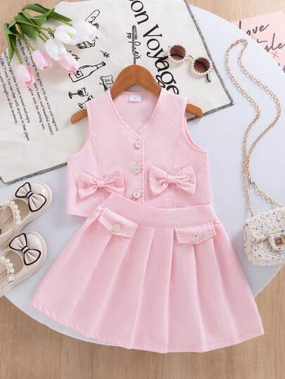 2 peças/Conjunto Top com Laço e Saia Plissada em Estilo Doce e Preppy da Moda Jovem Feminina, Adequado para Uso Diário, Outdoor, Escola, Transporte, Férias, Festa, Fotografia