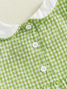 Baby Boy Smocked Animals Romper Short Sleeve Excavator Embroidery Doll Collar Gingham Jumpsuit One Piece Summer Clothes - 綠色 - 查看 4