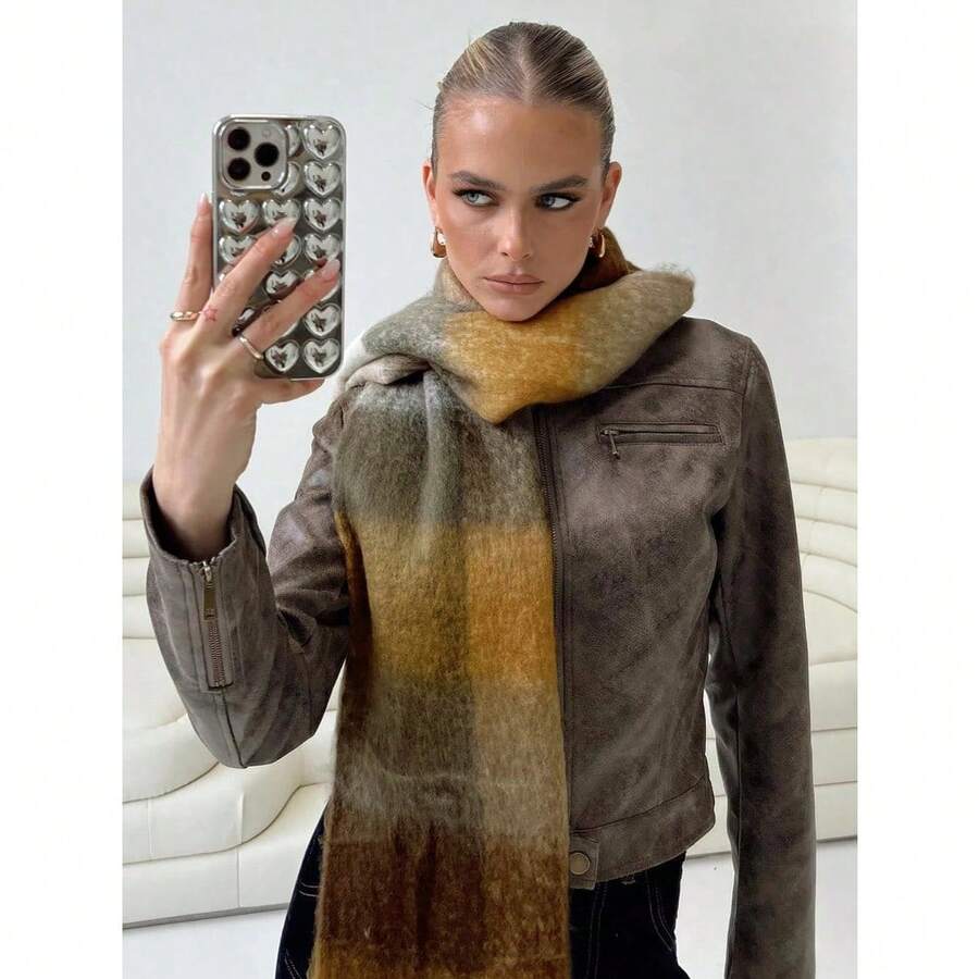 1pc Leopard Print Autumn/Winter Fashion Striped Plaid Fleece Warm Women Boucle Deep Brown Wool Thick Scarf, Warm Acrylic Scarf Like Cashmere, Bohemian Casual Windproof Couple Shawl, Comfortable Blanket Scarf, Suitable For Daily Wear For Dress - 多色-1 - 查看 1
